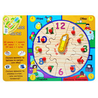 Деревянная игрушка Часы MD 0264 (144шт) рамка-вкладыш, с ручкой, в кульке, 29,5-21,5см
