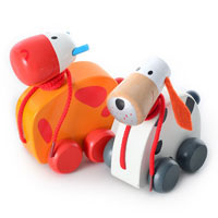 Деревянная игрушка Каталка MD 0537 (36шт) 2 вида (корова,собака), в кульке, 13,5-11,5-7см