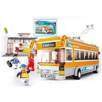 Конструктор SLUBAN M38B0332 (10шт) троллейбус,остановка,фигурки 5шт,465дет,в кор-ке,42,5-28,5-6,5см