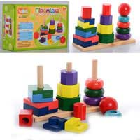 Деревянная игрушка Пирамидка MD 0056 (36шт) 3шт на площадке, 16 геом деталей, 22-15,5-7см